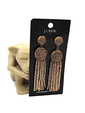 Vintage J. Crew Dangle Beaded Long Earrings in Gold Color Jewelry 3 1/4"